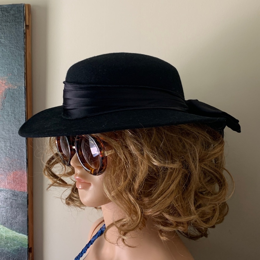 Vintage USA Black Wide-Brim 100% Wool Hat with Ribbon & Large Silk Bow